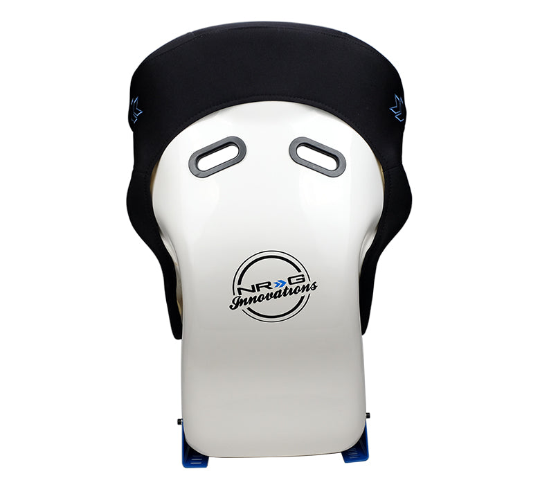 NRG FRP Fiberglass Bucket Seat - White finish with Arrow Embroidery and Blue Side Mount Bracket - FRP-600WT