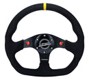 NRG Reinforced Steering Wheel - 320mm Sport Alcantara dual push buttons flat bottom with yellow center mark - RST-024D-MB-SA-Y