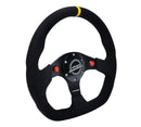 NRG Reinforced Steering Wheel - 320mm Sport Alcantara dual push buttons flat bottom with yellow center mark - RST-024D-MB-SA-Y