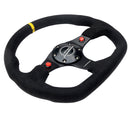 NRG Reinforced Steering Wheel - 320mm Sport Alcantara dual push buttons flat bottom with yellow center mark - RST-024D-MB-SA-Y