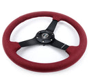 NRG 350mm sport steering wheel (1.5' deep) Burgundy micro suede with Black stitching - Matte Black Solid Spokes - RST-037MB-BUA