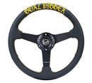 NRG 350mm sport steering wheel (1.5' deep) black perforated Leather with Gold stitching - Matte Black Solid Spokes, Goal Digger Gold stitching in front - RST-037MB-PR-GD