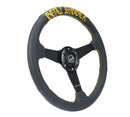 NRG 350mm sport steering wheel (1.5' deep) black perforated Leather with Gold stitching - Matte Black Solid Spokes, Goal Digger Gold stitching in front - RST-037MB-PR-GD