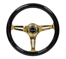 NRG Classic Wood Grain Wheel - 350mm 3 Chrome Gold Spokes - Black Grip - ST-015CG-BK