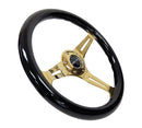 NRG Classic Wood Grain Wheel - 350mm 3 Chrome Gold Spokes - Black Grip - ST-015CG-BK