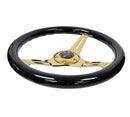 NRG Classic Wood Grain Wheel - 350mm 3 Chrome Gold Spokes - Black Grip - ST-015CG-BK