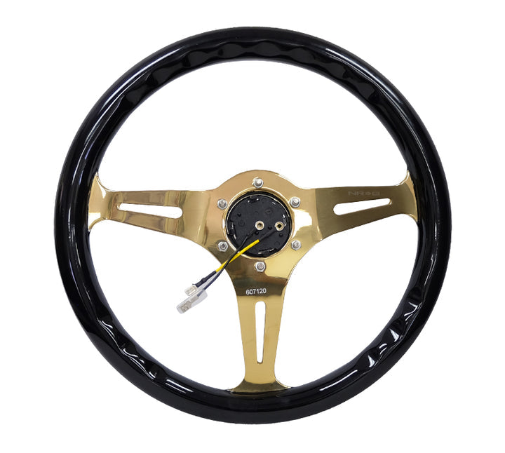 NRG Classic Wood Grain Wheel - 350mm 3 Chrome Gold Spokes - Black Grip - ST-015CG-BK