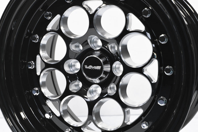 VMS Wheels Revolver 15x8 4x100/114.3 +20 Offset Black Milling Black Lip Chrome RivOffsets - VWRE002